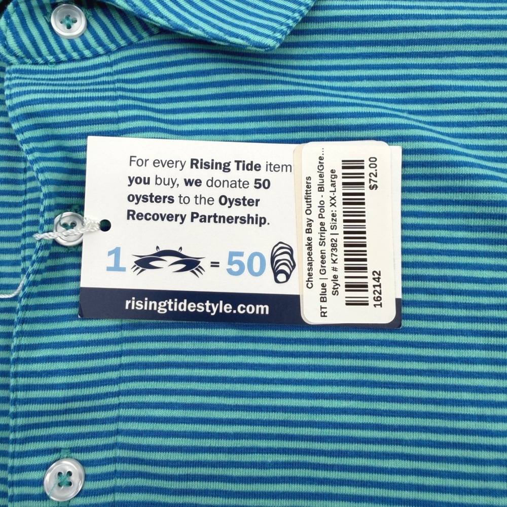 Rising Tide Polo Shirt Mens XXL Blue Green Stripe Cotton Blend Short Sleeve NEW - Picture 4 of 12